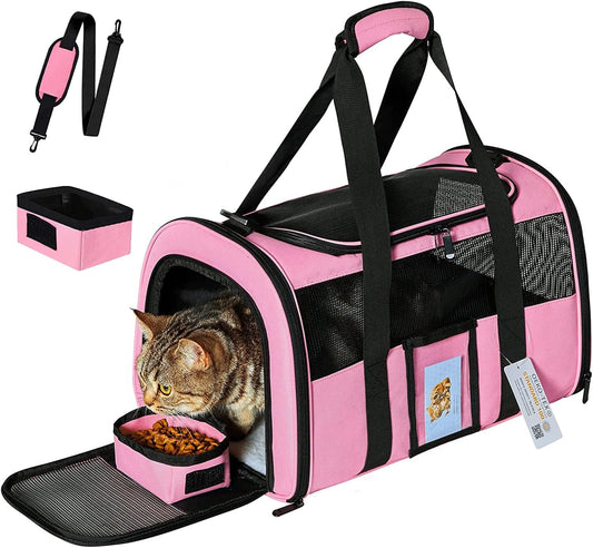 20" Large Cat Carrier Soft Sided for Cats Under 25 lbs, Folding Dog Carrier 20" Carrier for 2 Cats Travel Carrier - Pink