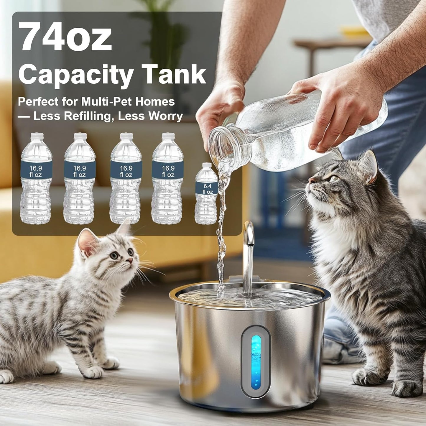 Cat Water Fountain, 74oz/2.2L Cat Fountain for Drinking - Pet Water Fountain Stainless Steel for Cats Inside - Quiet Water Bowl Dispenser - Kitty Drinking Fountains - for Pets& Small Animals