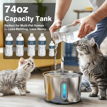 Cat Water Fountain, 74oz/2.2L Cat Fountain for Drinking - Pet Water Fountain Stainless Steel for Cats Inside - Quiet Water Bowl Dispenser - Kitty Drinking Fountains - for Pets& Small Animals