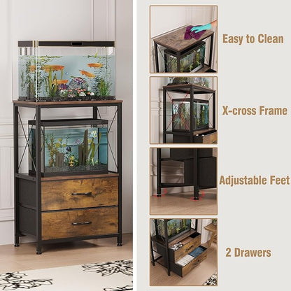 10 Gallon Aquarium Stand with 2-Tier Shelf Fish Tanks Stand with 2 Drawers Metal Frame Heavy Duty Reptile TurtleTank Stand with Storage for Home Offic Fish Tank Accessories Storage, Brown
