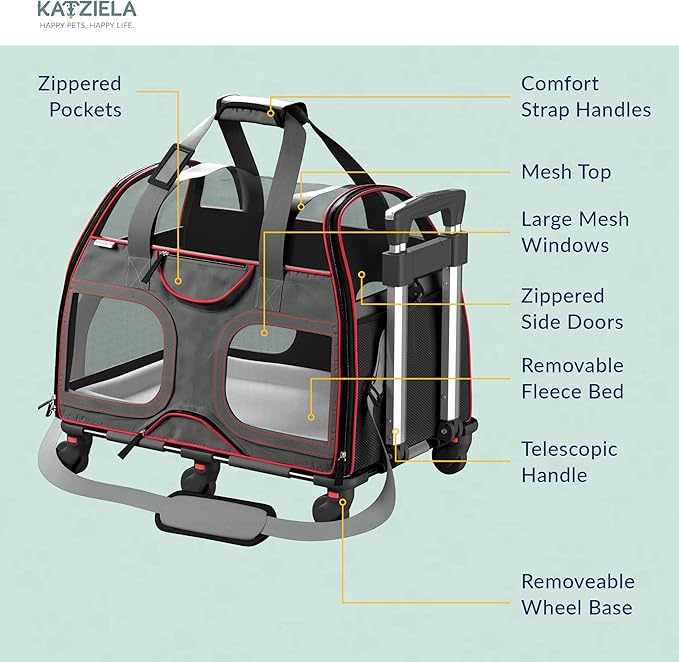 TSA and Airline Approved Pet Carrier with Wheels Katziela Luxury Rider for Dogs Cats Removable Base Flexible Top to Fit Under Seat Rolling Travel Bag (Black/Red)