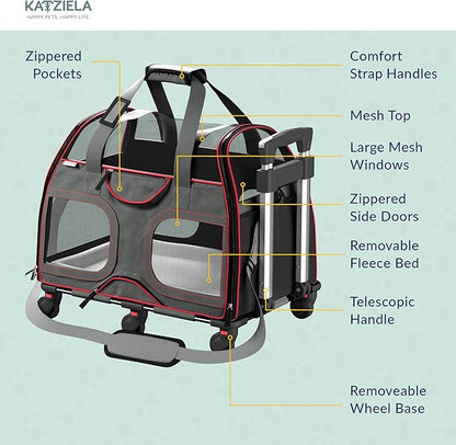 TSA and Airline Approved Pet Carrier with Wheels Katziela Luxury Rider for Dogs Cats Removable Base Flexible Top to Fit Under Seat Rolling Travel Bag (Black/Red)