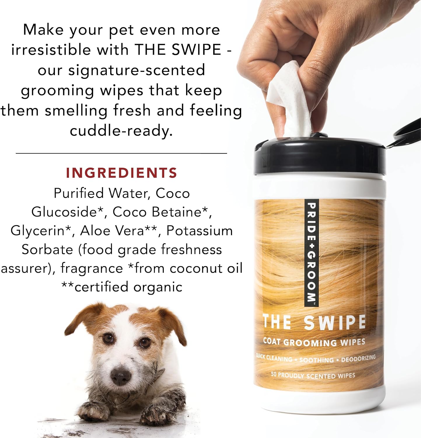 Pride and Groom The Swipe – Soothing Coat Grooming Dog and Pet Wipes with Signature Scent for Quick Cleaning & Deodorizing Face, Paw, Fur in Between Baths and After Dinner & Playtime – 50 Wipes