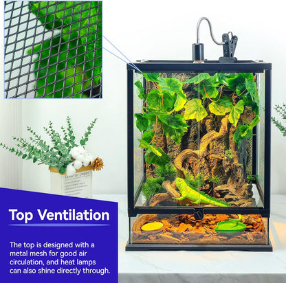 360° Clear View 35 Gallon 24x18x18 Glass Reptile Terrarium Suitable for Bearded Dragon, Chameleon, Crested Gecko, Multi-Pet Enclosure with Front Door, Excellent Ventilation, Hidden Wiring Holes