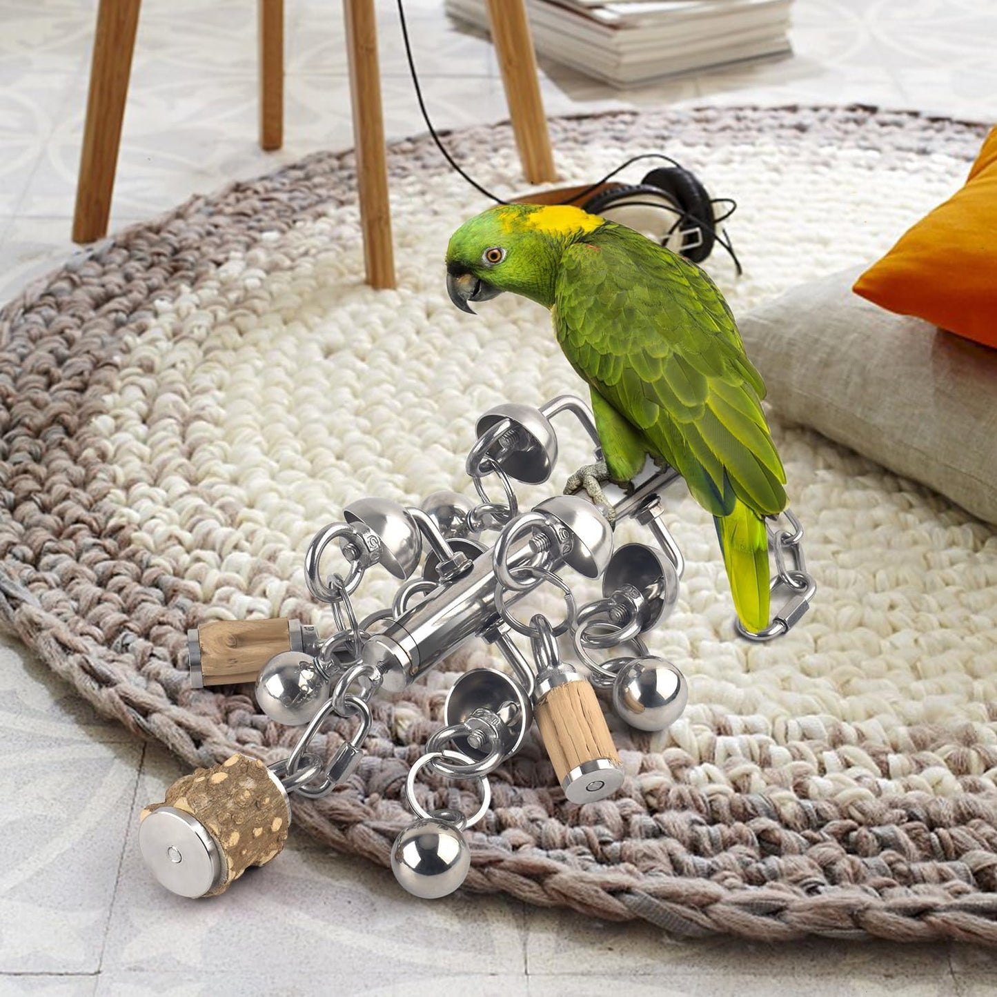 KATUMO Large Bird Toys, Natural Wooden and 304 Stainless Steel Bell Toy for Parrots, 1.46 LB Heavy Birds Cage Toy for Amazon Parrot, African Greys, Budgies, Lovebirds, Cockatiels,Cockatoo