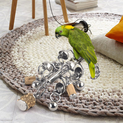 KATUMO Large Bird Toys, Natural Wooden and 304 Stainless Steel Bell Toy for Parrots, 1.46 LB Heavy Birds Cage Toy for Amazon Parrot, African Greys, Budgies, Lovebirds, Cockatiels,Cockatoo