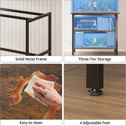APPLOYN 40-50 Gallon Fish Tank Stand, Aquarium Stand with 3-Tier Storage Shelf, Heavy Duty Metal Frame for Turtle Reptile Terrarium Tank Stand, for Living Room, Office, 36.6" L x 18.9" W x 31.5" H, Black, Vintage Brown