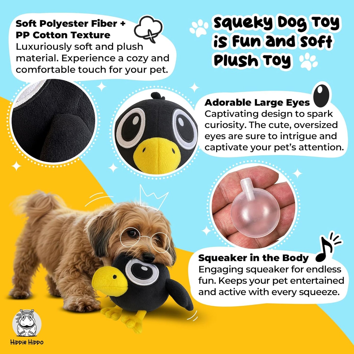 Squeaky Dog Toys for Small Dogs - Black Crow Plush Dog Toy - Soft Stuffed Animal for Dog Toys Puppy with Squeaky Sound to Keep Them Busy, Safe Plush Dog Toy for Interactive Play - 6.5"
