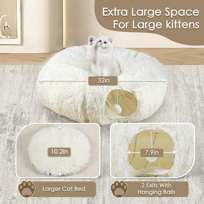 Cat Tunnel Bed for Indoor Cats, Peekaboo Cat Cave with Washable Soft Play Mat, Furry Cat Tube, for Kitten/Puppy/Rabbit, Beige