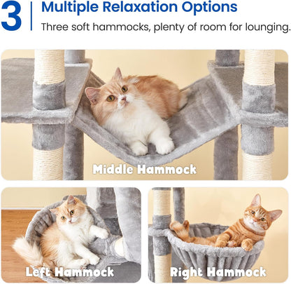MWPO Extra Large Cat Tree, 77.6-Inch Tall Cat Tower for Indoor Cats with 2 Condos, Multi-Level Cat Stand for Large Cats, 3 Hammocks, Wide Perch, Scratching Posts, Dangling Toys, Light Grey