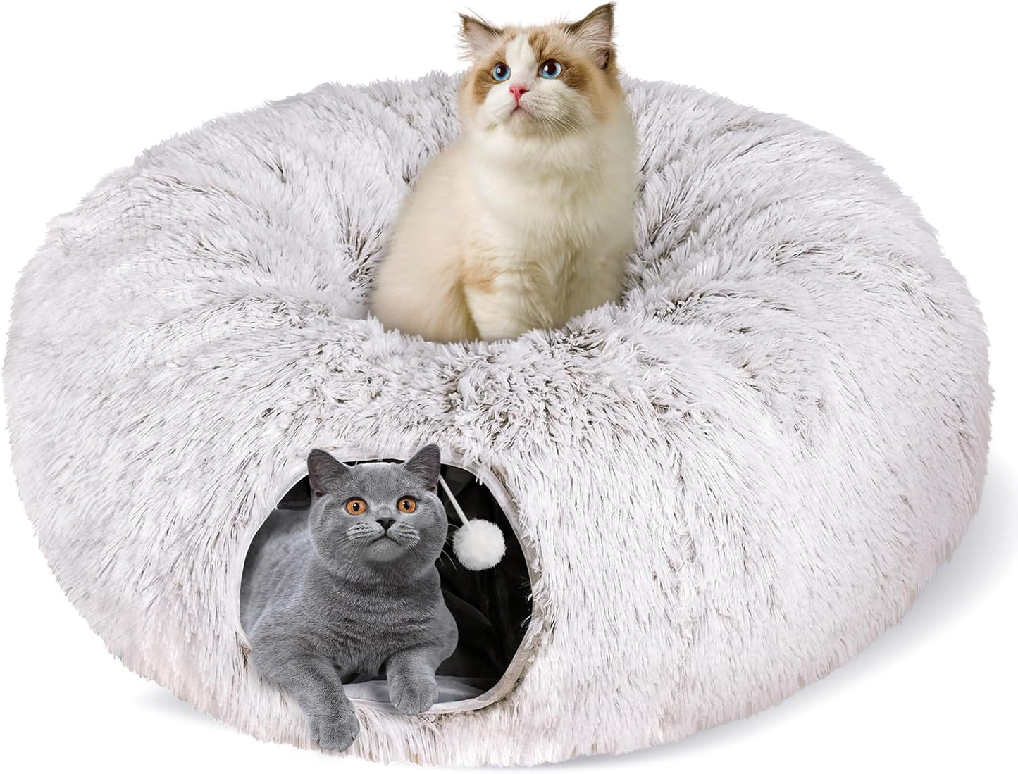Cat Tunnel Bed for Indoor Cats, Peekaboo Cat Cave with Washable Soft Play Mat, Furry Cat Tube, for Kitten/Puppy/Rabbit, Brown