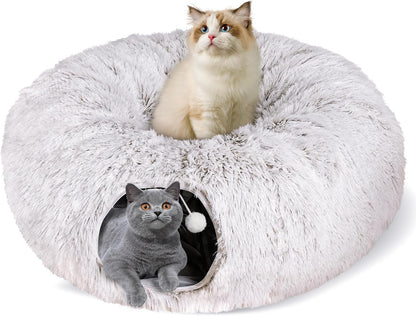 Cat Tunnel Bed for Indoor Cats, Peekaboo Cat Cave with Washable Soft Play Mat, Furry Cat Tube, for Kitten/Puppy/Rabbit, Brown