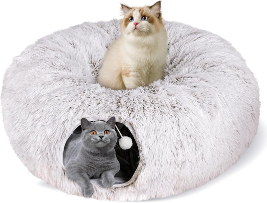 Cat Tunnel Bed for Indoor Cats, Peekaboo Cat Cave with Washable Soft Play Mat, Furry Cat Tube, for Kitten/Puppy/Rabbit, Brown