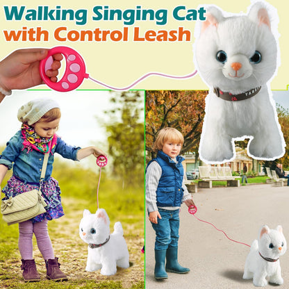 White Leash Walking Cat Set Singing That Purrs and Meows Animated Plush Robot Kitten Pet Moving Plush Realistic Stuffed Animal Remote Control Cute Kawai Robotic Kitty Toy for Kid