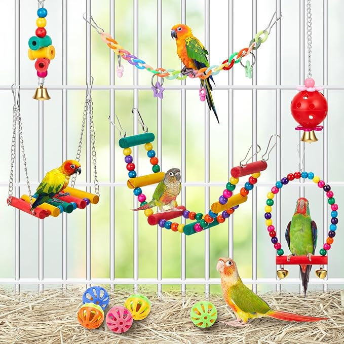 12 Pcs Cockatiel Toys Bird Toys for Conures, Bird Cage Accessories, Parakeets Perches Cage Parrot Ladders, for Hanging Swinging Standing Chewing Climbing Training