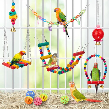 12 Pcs Cockatiel Toys Bird Toys for Conures, Bird Cage Accessories, Parakeets Perches Cage Parrot Ladders, for Hanging Swinging Standing Chewing Climbing Training