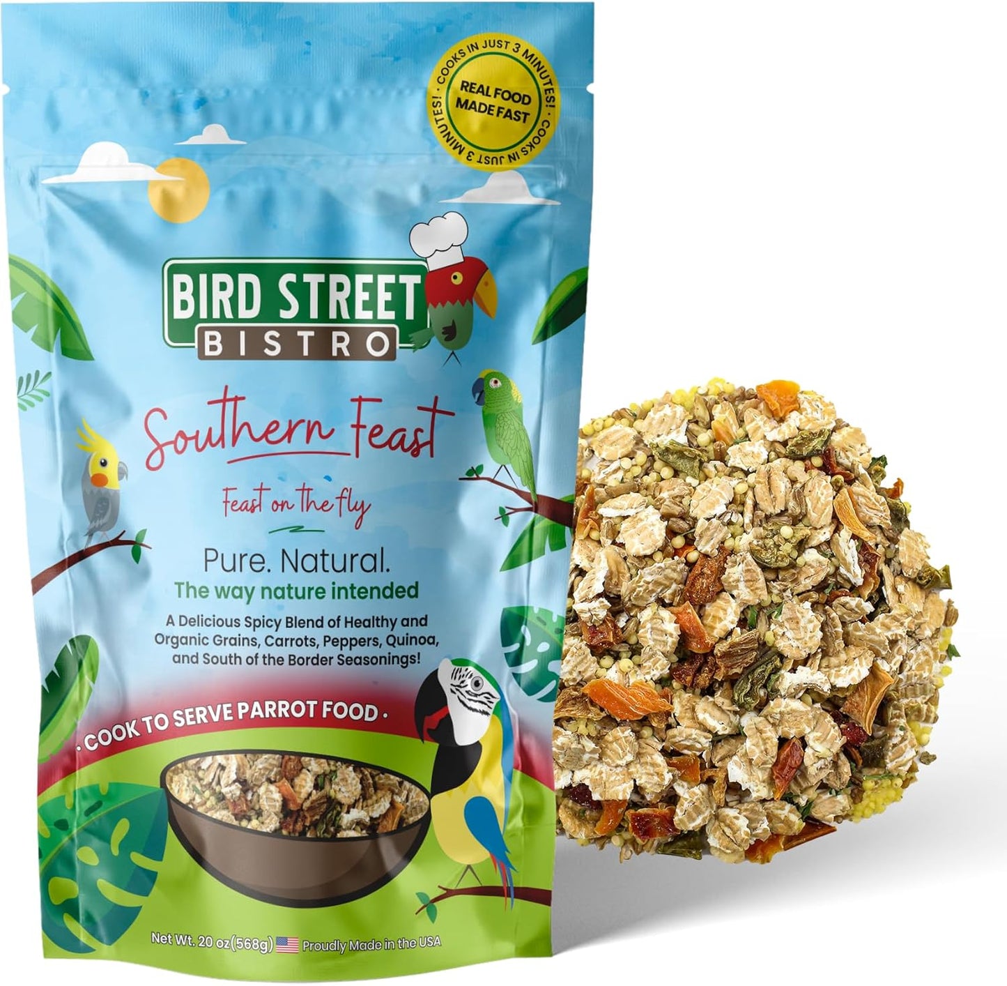 Bird Street Bistro Parrot Food for Parakeets & Cockatiels - Southern Feast - 20 oz - Cooks in 3-15 min, Natural & Organic Grains, Fruits & Vegetables - USA Made