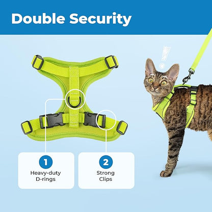 Voyager Escape Proof Cat Harness and Leash Set with Reflective Stitching, Neoprene Handle 5ft - Supports Small, Medium and Large Cats, Kittens for Walking by Best Pet Supplies - Lime, XXS