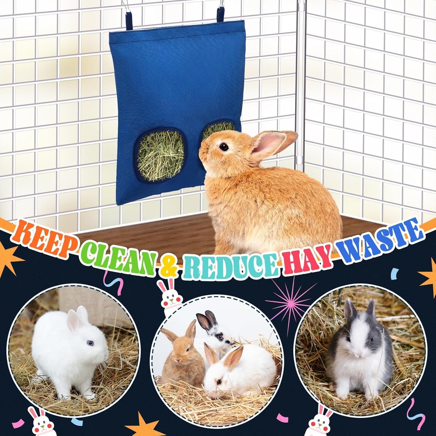 UPINS 2 Hay Bag for Rabbits 2-Hole Guinea Pig Hay Holder, Hay Feeder for Chinchillas Rabbits Hamsters Small Pets and Animals