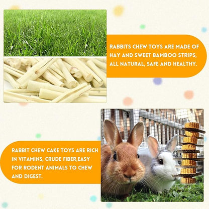 kathson Natural Small Animal Chew Toys for Teeth,4 PCS Rabbit Hanging Chewing Treats with Natural Organic Apple Stick Timothy Grass Carrot Cake for Hamsters Squirrel Guinea Pig Rabbits
