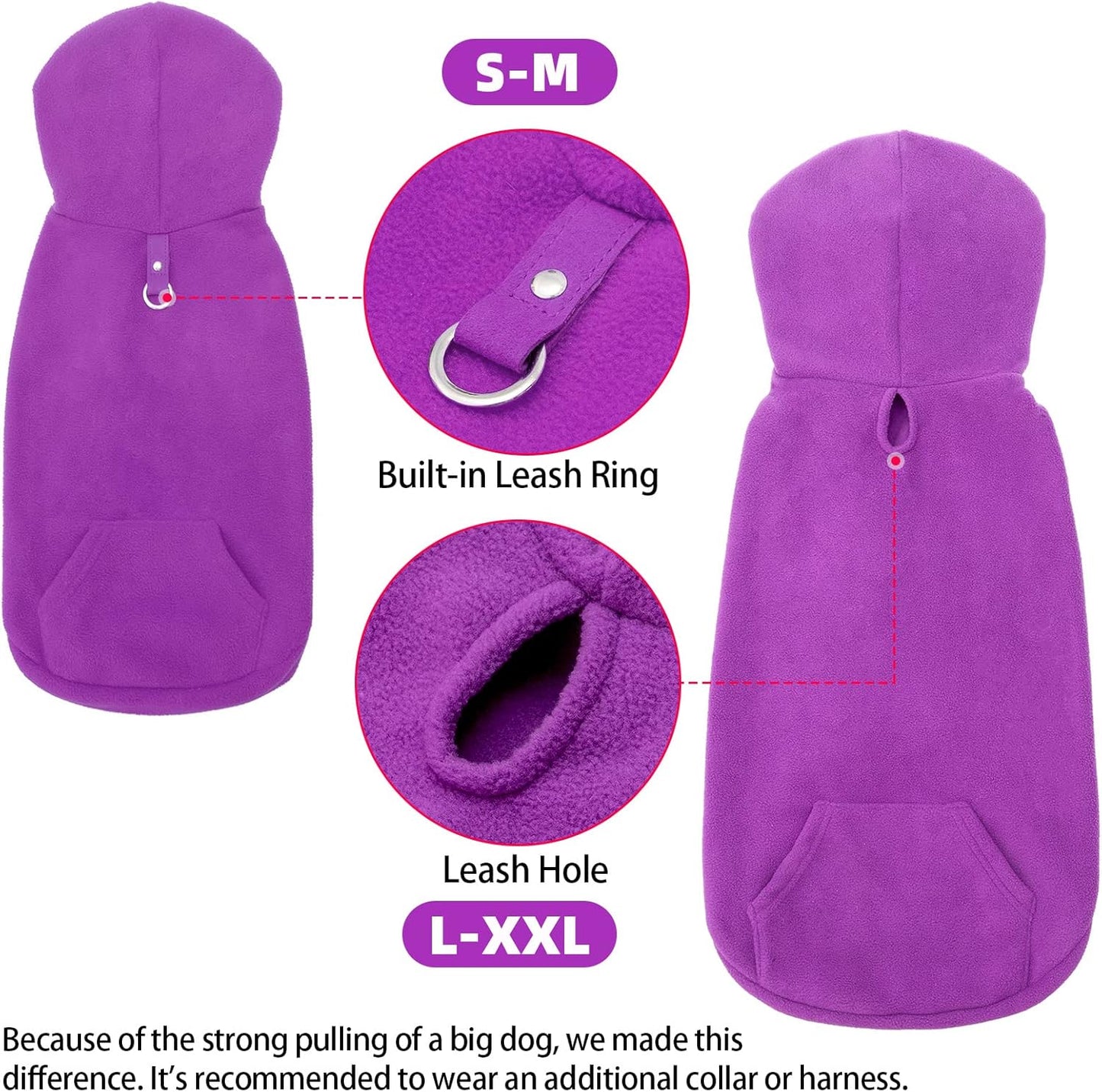 EXPAWLORER Dog Hoodie Fleece Sweater Vest, Hooded Dog Sweatshirt Fall Winter Pet Clothes with Leash Ring, Sleeveless Warm Cozy Puppy Clothing for Cat Small Medium Large Dogs Girl Boy, Purple S