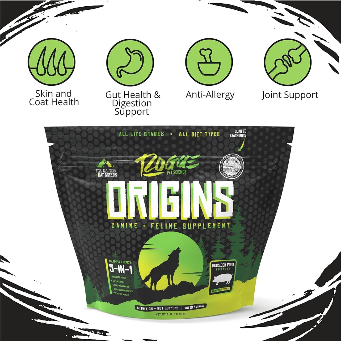 ROGUE PET SCIENCE Origins 5-in-1 Dog Supplement - Powdered Food Topper w/Natural Heirloom Pork Protein- Supports Healthy Digestion, Skin, and Coat - Helps Reduce Itching & Joint Inflammation (2 lbs)
