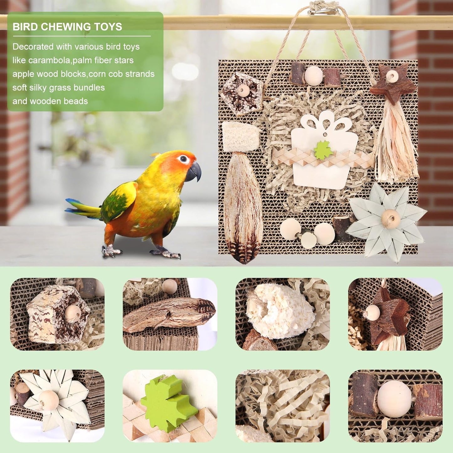 Kyouki Bird Toys, Parakeet Toys, Parrot Toy, Conure Hanging Chewable Cardboard Foraging Toys Suitable for Budgies, Cockatiels, Lovebirds, Sun Conures - and Other Small/Medium Parrots (Large)