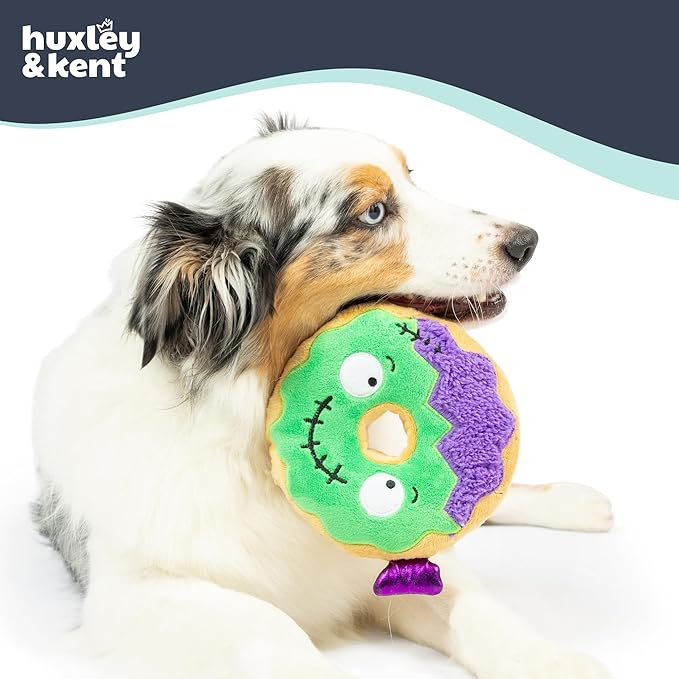 Huxley & Kent Halloween Funny Dog Toy w/Squeaker – Power Plush Squeaky Dog Toys for Small, Medium & Large Dogs – Soft Stuffed Animal for Indoor Play & Fetch - Frankenstein Donut, One Size