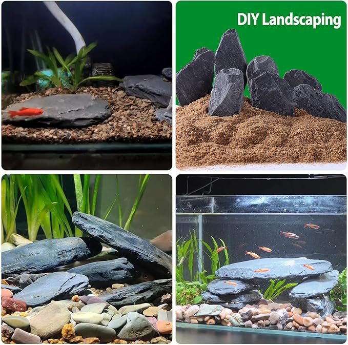 Natural Slate Stone Rocks with Special Liquid Glue, Mix of Rocks 3-6 inches and 1 Piece 8-10 inches, PH Neutral Stone for Aquascaping Aquariums, Paludariums, Reptile Enclosures (4.1 - 4.6 lbs)