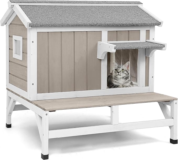 Cat House Outdoor Weatherproof Cat Shelter for Outside Ferals Cats with Waterproof Openable Roof & 8.3" Platform, Balcony Wooden Pet Houses for 1-3 Small Animals