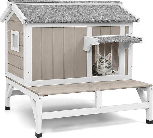 Cat House Outdoor Weatherproof Cat Shelter for Outside Ferals Cats with Waterproof Openable Roof & 8.3" Platform, Balcony Wooden Pet Houses for 1-3 Small Animals