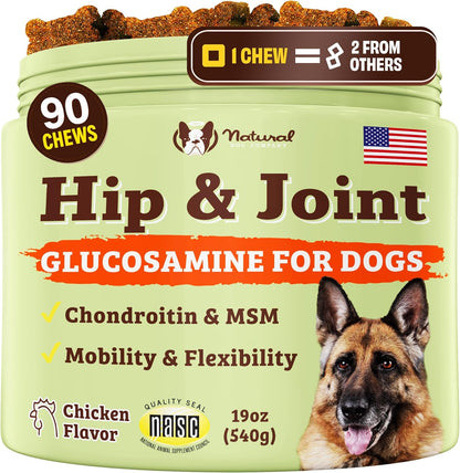 Natural Dog Company Hip & Joint Supplement for Dogs – Supports Mobility, Flexibility & Comfort, Glucosamine, Chondroitin, MSM & Turmeric, Chicken Flavor, 90 Count