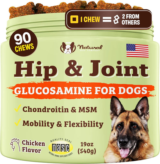Natural Dog Company Hip & Joint Supplement for Dogs – Supports Mobility, Flexibility & Comfort, Glucosamine, Chondroitin, MSM & Turmeric, Chicken Flavor, 90 Count