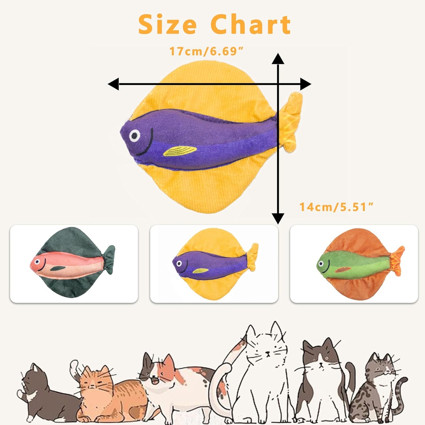 Soft Catnip Toys Fish, 3 Pack Crinkle Sound Cat Toys, Interesting Indoor Cat Kicker Toys, Durable and Highly Interactive Catnip Toys (Flatfish)