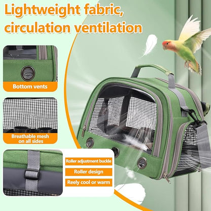 Bird Backpack,with Feeder Cups Tray Perch Portable Breathable Bird Carrier,for Small Birds Parrots Cockatiels (Green)