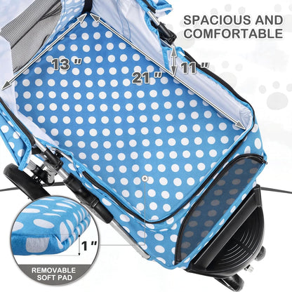 MoNiBloom 3 Wheels Pet Dog Cat Stroller for Small Medium Dogs Cats, Foldable Jogger Stroller w/Storage Basket and Cup Holder, Sky Blue Polka Dots