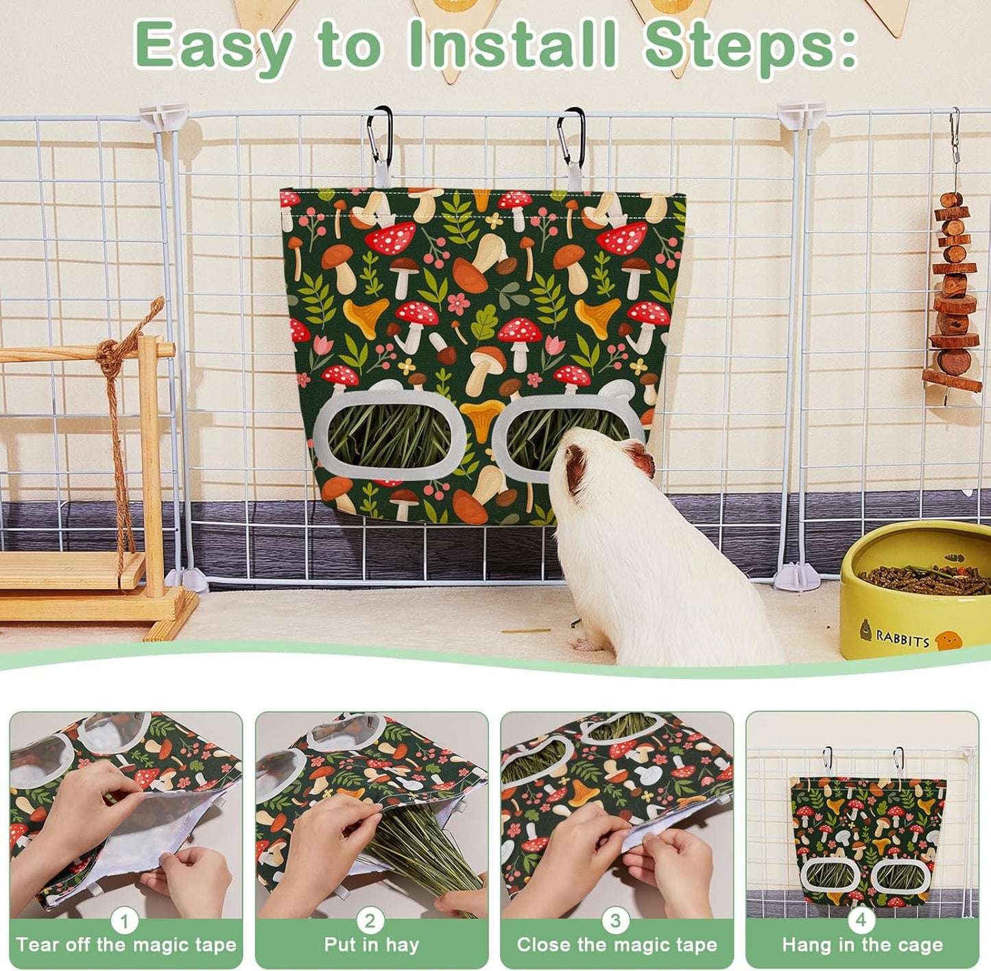 Glittme 3 Pack Guinea Pig Hay Feeder, 11.5x9 Inch Hay Bag for Rabbits, Hanging Hay Holder for Guinea Pigs Cage Hay Feeder for Bunny, Small Pets,Green Mushroom