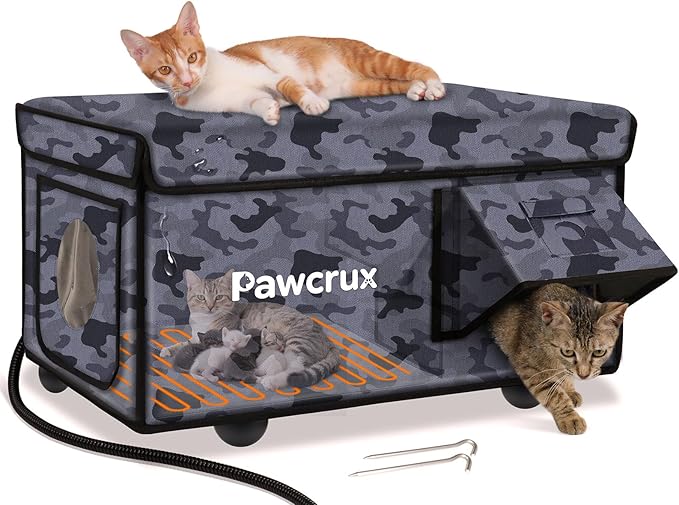 Weatherproof Heated Cat House for Outdoor in Winter, Heated Cat Bed Kitty Shelter with Cat Heating Pad, Insulated & Safe Escape Door, Warm Home for Outside Stray Cat