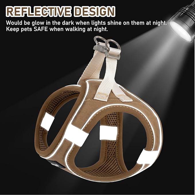 GAMUDA Small Pet Harness Collar and Leash Set, Step in No Chock No Pull Linen Fabric Soft Mesh Dog Vest Harnesses Reflective for Dogs Puppy Cats Kitten Rabbit (Brown, XS)