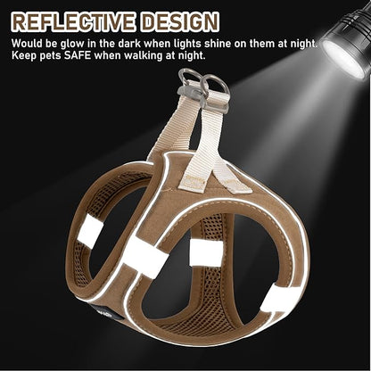 GAMUDA Small Pet Harness Collar and Leash Set, Step in No Chock No Pull Linen Fabric Soft Mesh Dog Vest Harnesses Reflective for Dogs Puppy Cats Kitten Rabbit (Brown, L)