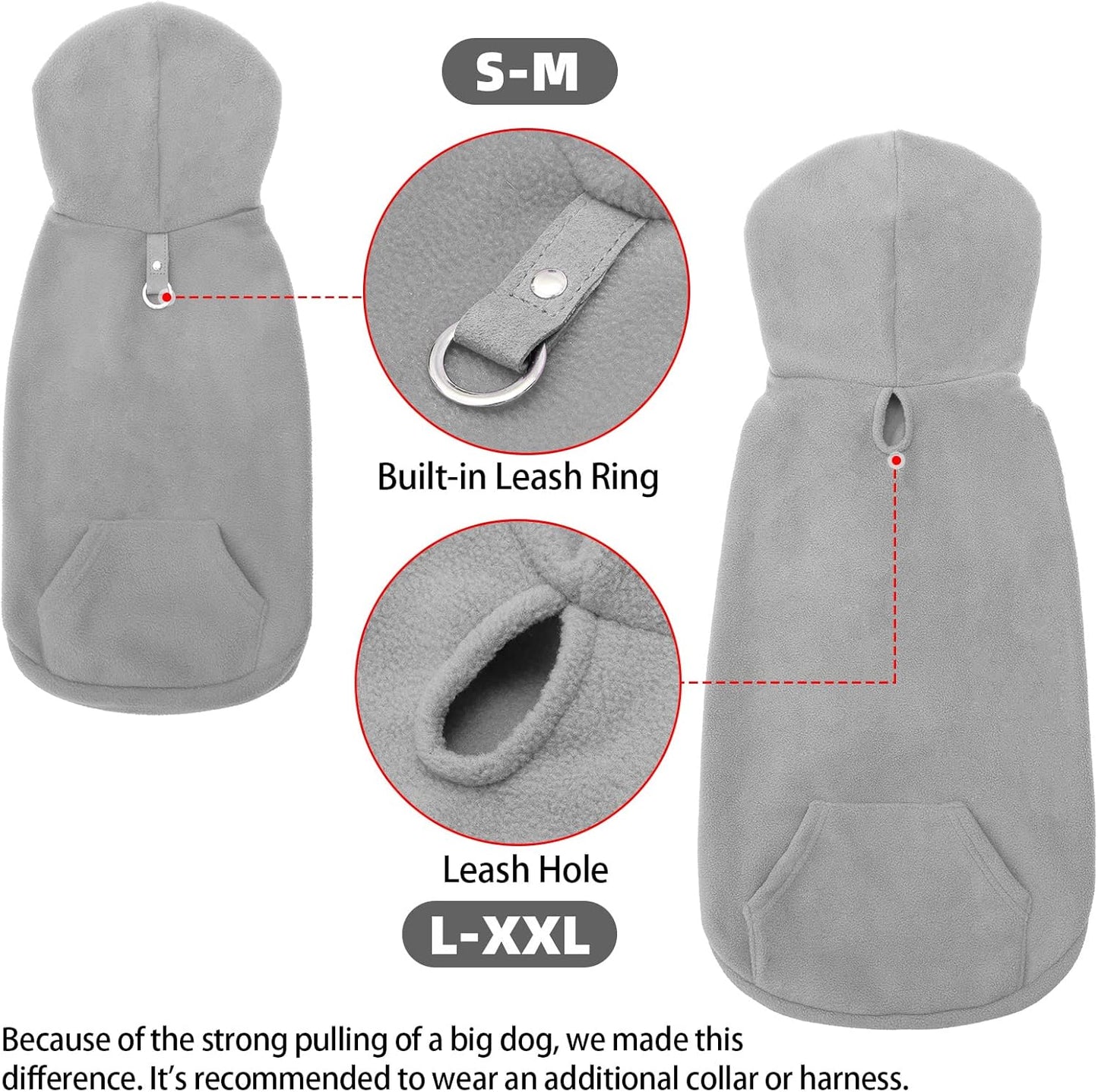 EXPAWLORER Dog Hoodie Fleece Sweater Vest, Hooded Dog Sweatshirt Fall Winter Pet Clothes with Leash Hole, Sleeveless Warm Cozy Puppy Clothing for Cat Small Medium Large Dogs Girl Boy, Grey XL