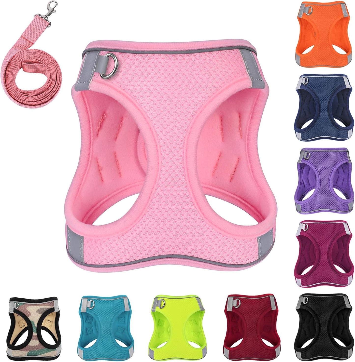 Dog Harness with Leash Set, No-Pull Step-in Reflective Pet Harness with 1 Leash Clips, Adjustable Soft Padded Easy Walk Dog Vest for Small Medium Large Dogs, Cats(Light Pink, Large)