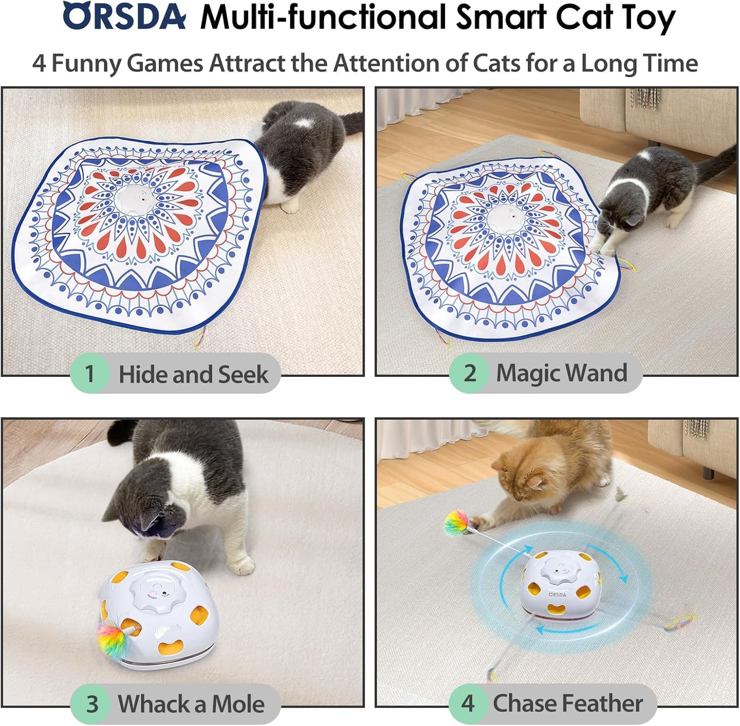 ORSDA Cat Toys, 4 in 1 Interactive Cat Toys for Indoor Kitten, Automatic Electric Enrichment Hide and Seek, Chase The Feather, 8 Holes Mice Whack-A-Mole, Catch Magic Wand