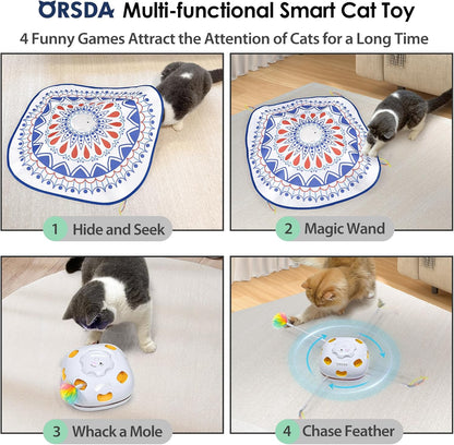 ORSDA Cat Toys, 4 in 1 Interactive Cat Toys for Indoor Kitten, Automatic Electric Enrichment Hide and Seek, Chase The Feather, 8 Holes Mice Whack-A-Mole, Catch Magic Wand