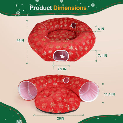 Cat Tunnel Bed for Indoor Cats, XL Christmas Tree Skirts Washable Warm Soft Indoor Cat Donut Tunnel, Multifunctional Cat Interactive Playground Toys for Felines Pet Christmas Tree Decoration