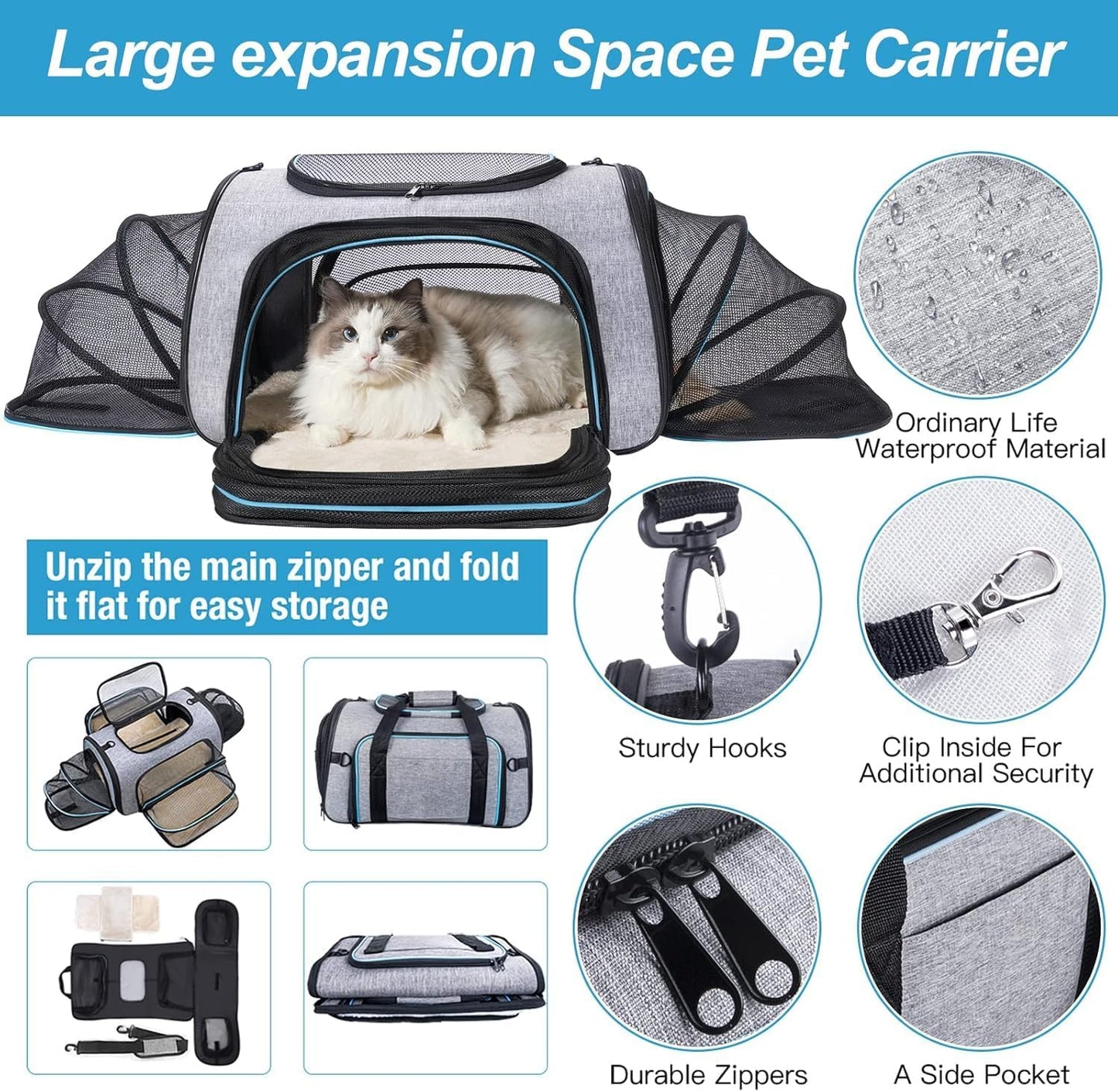 Siivton 4 Sides Expandable Pet Carrier, Airline Approved Soft-Sided Dog Cat Carrier Bag with Fleece Pad for Cats, Puppy and Small Animals (4 Extension Gray_Blue, L:18.0" L x 11.0" W x 11.0" H)