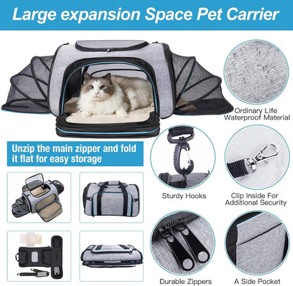 Siivton 4 Sides Expandable Pet Carrier, Airline Approved Soft-Sided Dog Cat Carrier Bag with Fleece Pad for Cats, Puppy and Small Animals (4 Extension Gray_Blue, L:18.0" L x 11.0" W x 11.0" H)