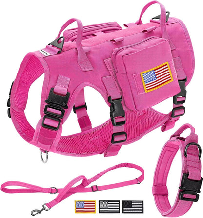 Forestpaw Pink Tactical Dog Harness for Large Dogs,Tactical Dog Collar with Bungee Leash Set,No Pull Military Dog Harness for Walking Training,Adjustable for Medium Large Dogs,Chest 19.5-41.5"