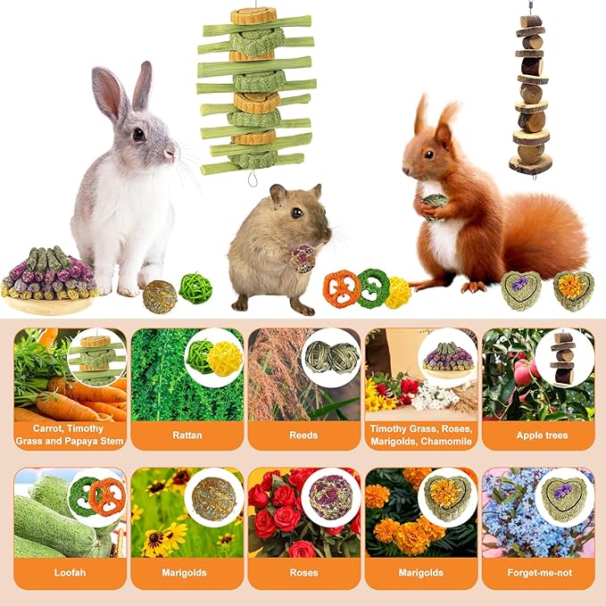 22Pcs Bunny Chew Toys for Rabbits Teeth, Natural Rabbit Toys Apple Wood Sticks, Carrot, Timothy Grass Treats for Small Pets, Hamster, Chinchilla, Guinea Pig