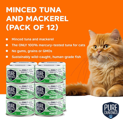 Pure Cravings Minced Tuna and Mackerel Wet Canned Cat Food, 100% Mercury-Tested Tuna, Moist Can Fish for Cats, Grain-Free, Protein, Non-GMO, 3oz, Pack of 12
